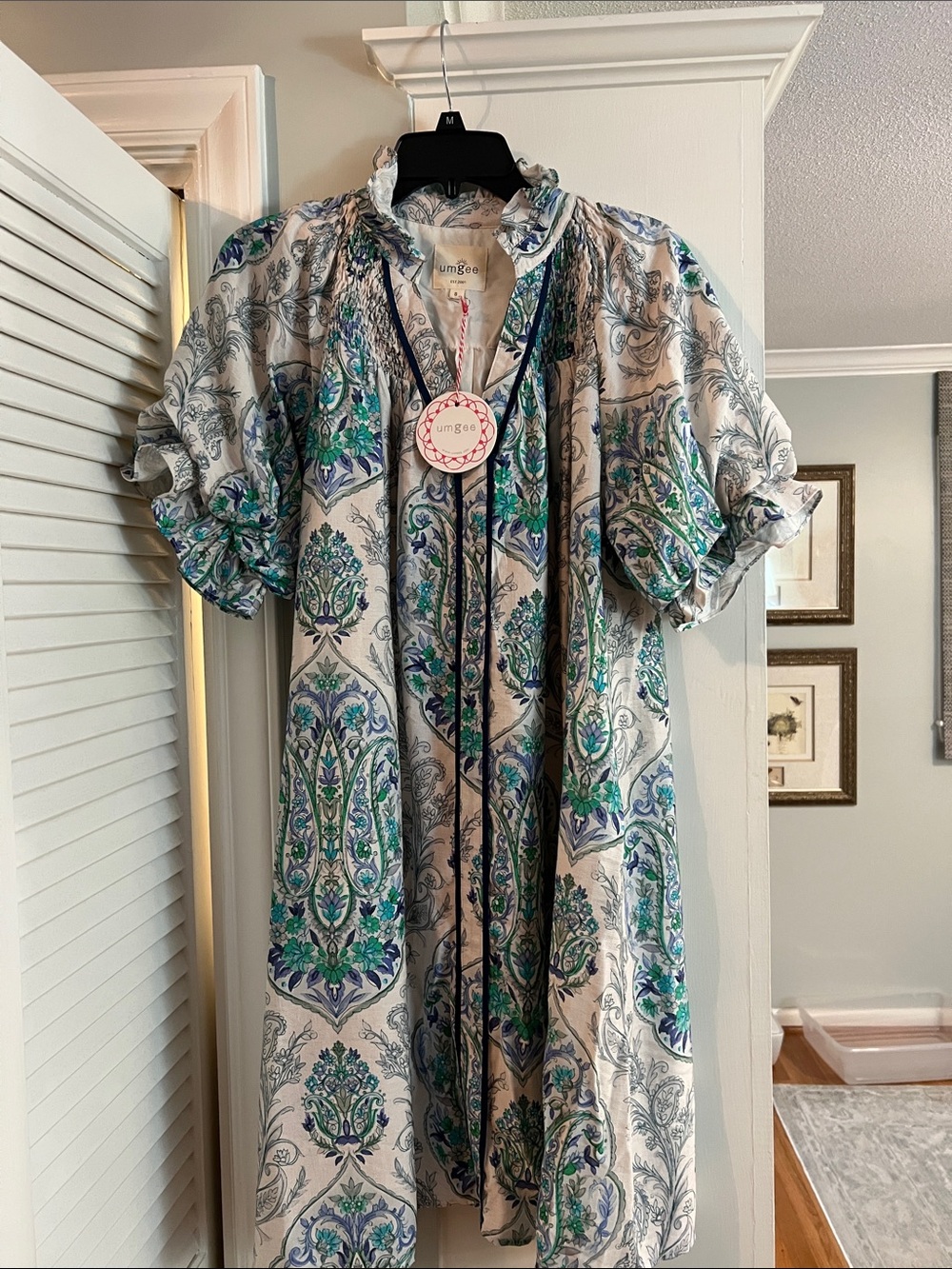Umgee Floral Paisley Tunic Dress in White, Blue & Green